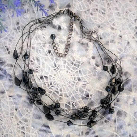 Vintage Multi-strand Black Bead Station Choker Necklace - Picture 1 of 8